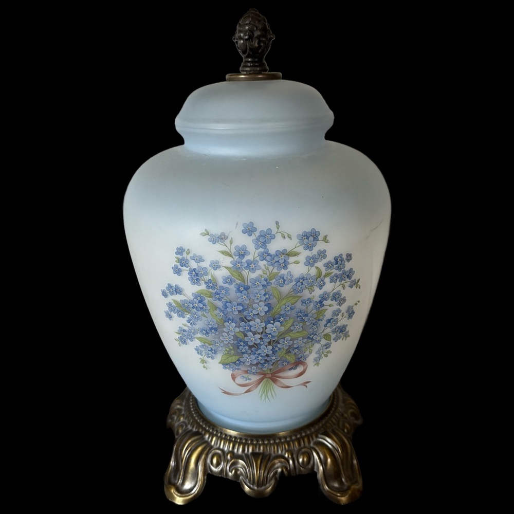 Vintage Most Likely a Quoizel Blue Satin and Floral 13” Parlor Lamp